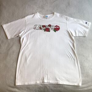Y2K Vintage Champion T Shirt White with Roses 100% Cotton